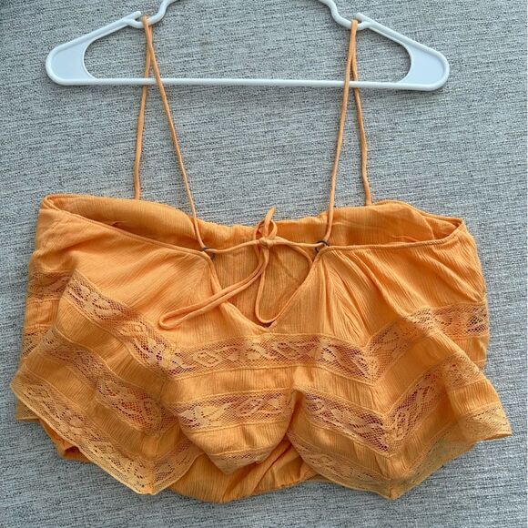 NWT Free People Womens Home Again Asymmetric Lace Trim Crop Top Orange Blouse - Picture 6 of 9